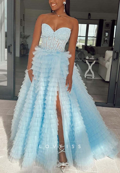 Sweetheart Sleevelesss Appliques Tiered Ball Gown Prom Dress