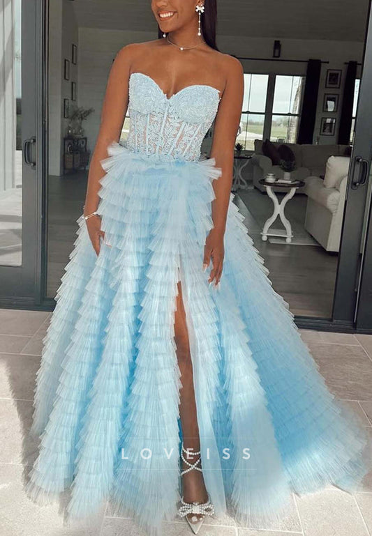 Sweetheart Sleevelesss Appliques Tiered Ball Gown Prom Dress