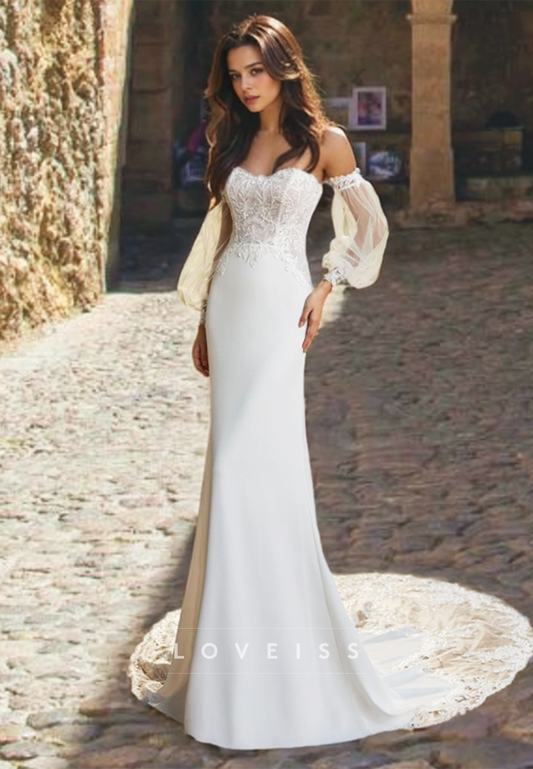 Sweetheart Sleeves Appliques Sleek Mermaid Wedding Dress