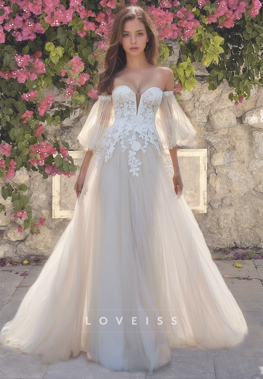 Sweetheart Sleeves Appliques Tulle A-Line Wedding Dress