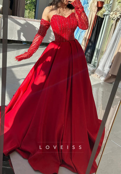 Sweetheart Sleeves Beaded Satin A-Line Prom Dress