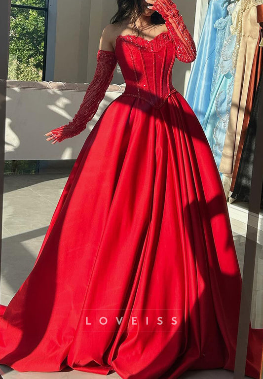 Sweetheart Sleeves Beaded Satin A-Line Prom Dress