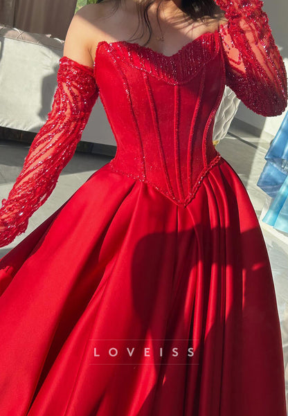 Sweetheart Sleeves Beaded Satin A-Line Prom Dress