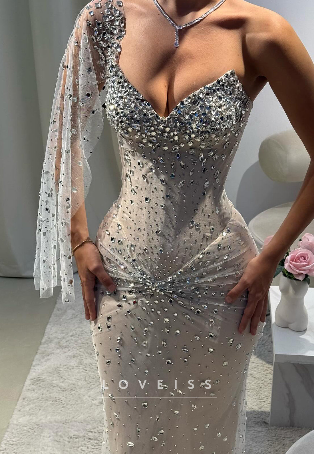 Sweetheart Sleeves Beaded Sparkly Mermaid Prom Dress