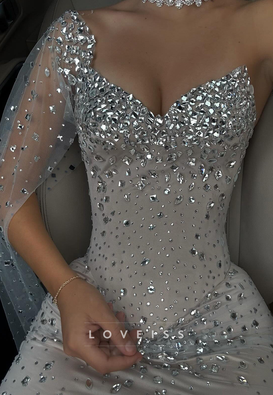 Sweetheart Sleeves Beaded Sparkly Mermaid Prom Dress