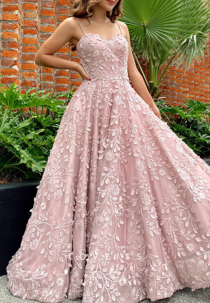 Sweetheart Spaghetti Straps Appliques A-Line Prom Dress