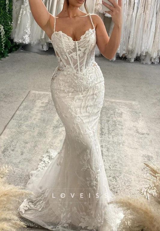 Sweetheart Spaghetti Straps Appliques Mermaid Wedding Dress