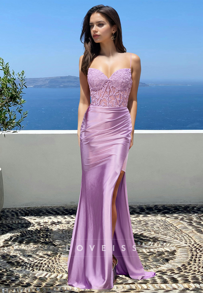 Sweetheart Spaghetti Straps Appliques Pleated Mermaid Prom Dress