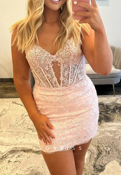 Sweetheart Spaghetti Straps Appliques Sheath Party Homecoming Dress