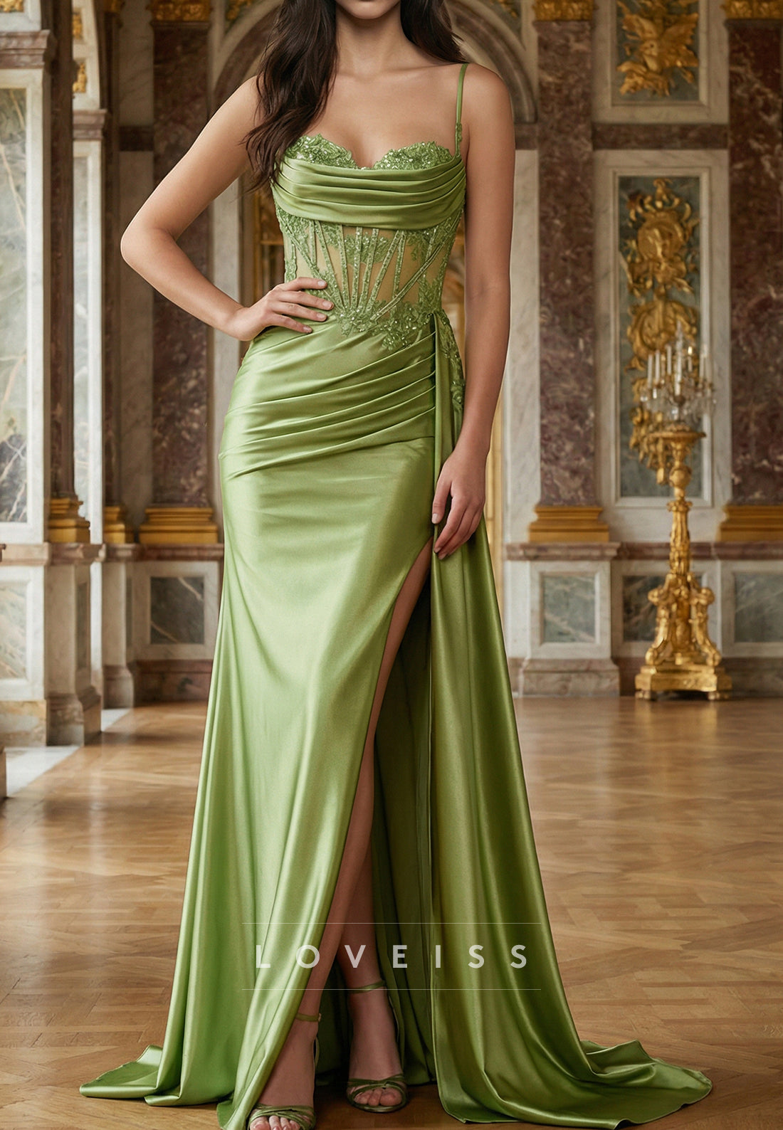 Sweetheart Spaghetti Straps Appliques  Sheath Prom Dress