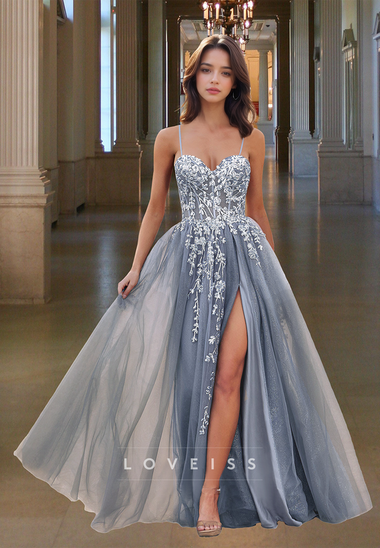 Sweetheart Spaghetti Straps Appliques Tulle A-Line Prom Dress