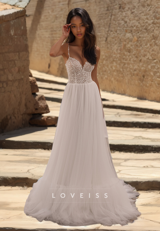 Sweetheart Spaghetti Straps Appliques Tulle A-Line Wedding Dress