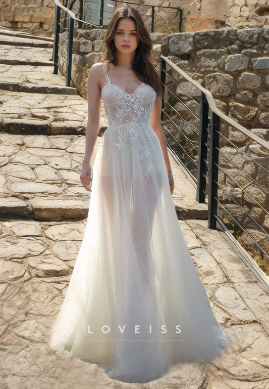 Sweetheart Spaghetti Straps Appliques Tulle Sheer A-Line Beach Wedding Dress