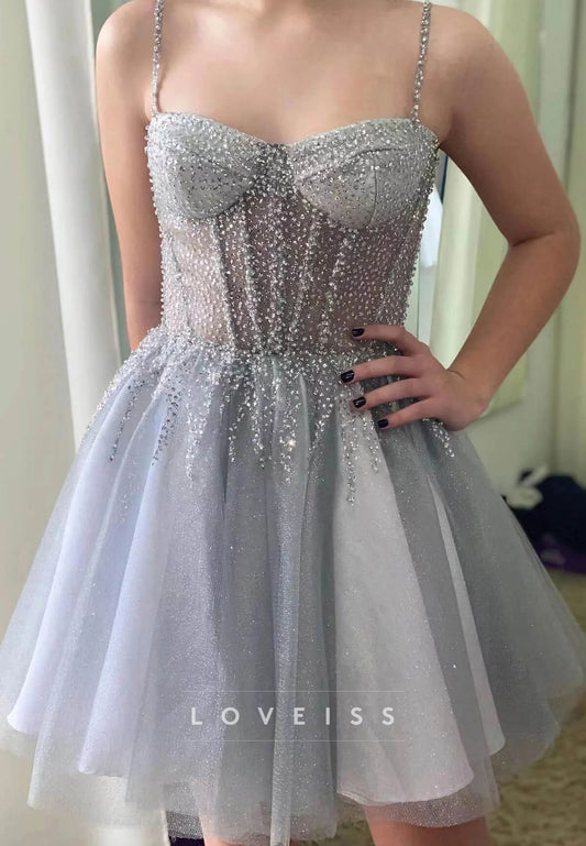 Sweetheart Spaghetti Straps Beaded A-Line Party Homecoming Dress