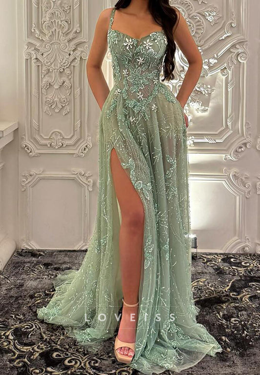 Sweetheart Spaghetti Straps Beaded Embroidery A-Line Prom Dress