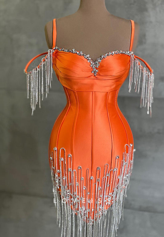 Sweetheart Spaghetti Straps Beaded Fringe Sheath Party Homecoming Dress