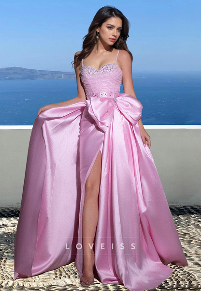 Sweetheart Spaghetti Straps Beaded Pleated Bowknot A-Line Prom Dress