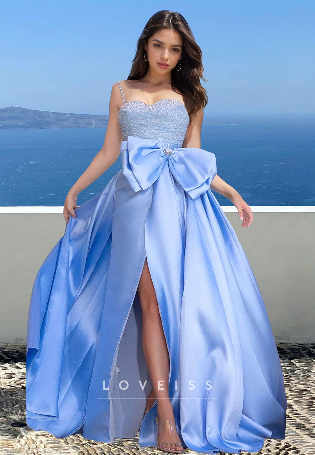 Sweetheart Spaghetti Straps Beaded Pleated Bowknot A-Line Prom Dress