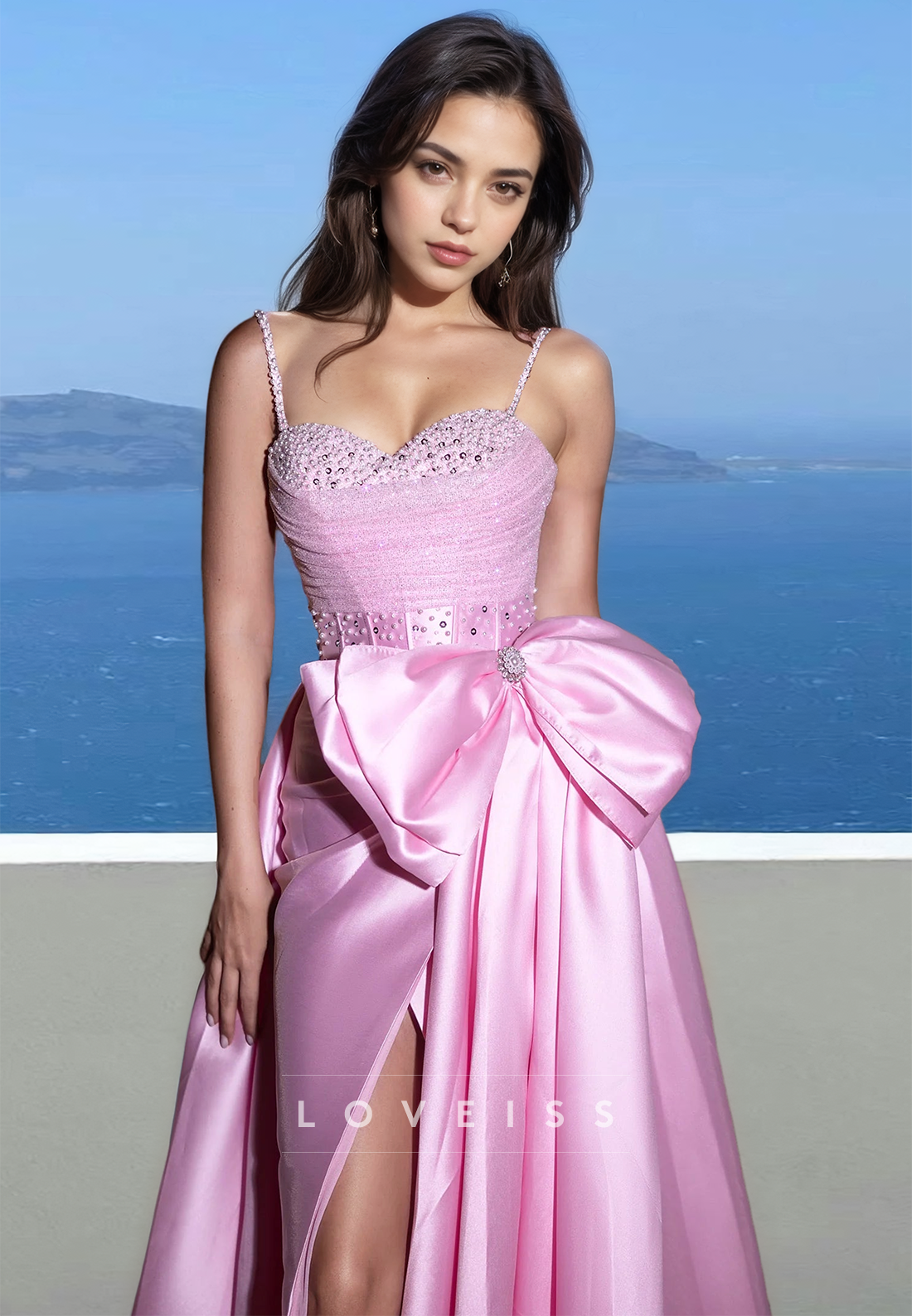 Sweetheart Spaghetti Straps Beaded Pleated Bowknot A-Line Prom Dress