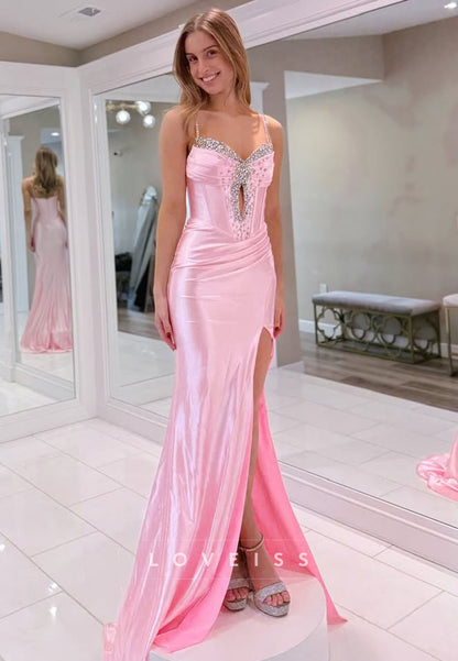 Sweetheart Spaghetti Straps Beaded Pleated Sheath Prom Dress