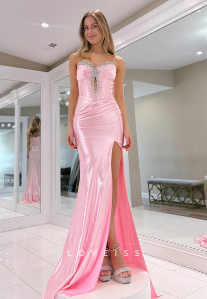 Sweetheart Spaghetti Straps Beaded Pleated Sheath Prom Dress