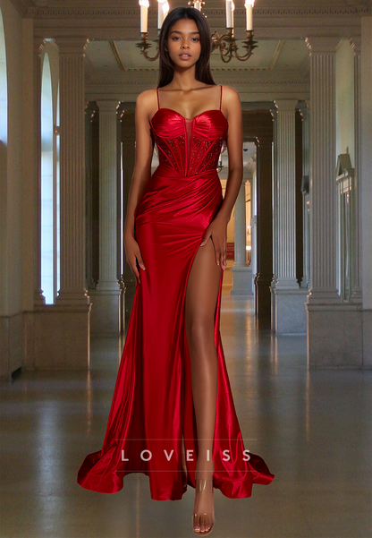 Sweetheart Spaghetti Straps Beaded Pleated Sheath Prom Dresss