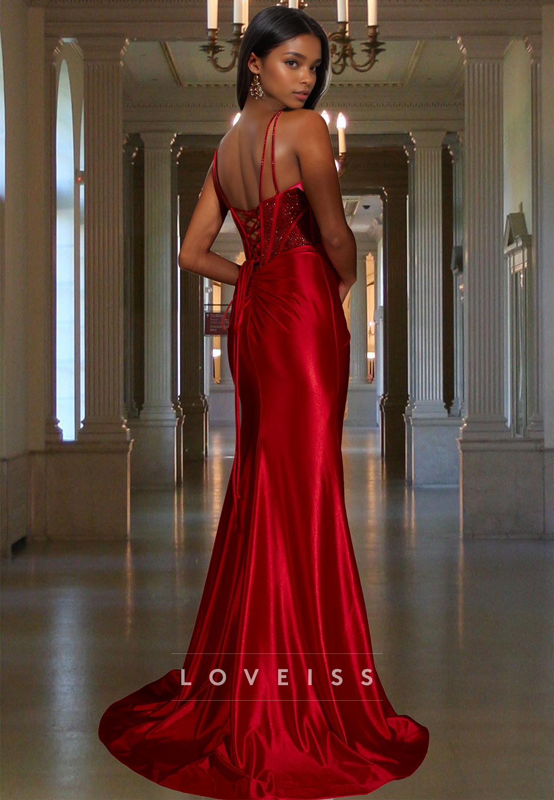 Sweetheart Spaghetti Straps Beaded Pleated Sheath Prom Dresss