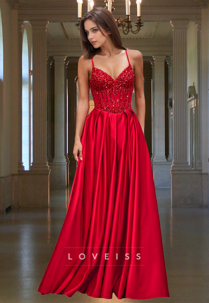 Sweetheart Spaghetti Straps Beaded Sequins Pleated A-Line Prom Dress