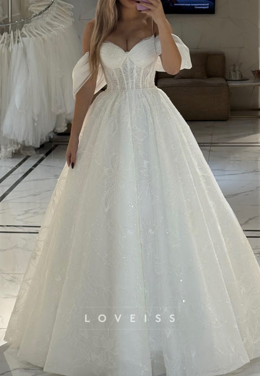 Sweetheart Spaghetti Straps Cap Sleeves Appliques A-Line Wedding Dress