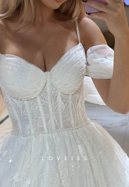 Sweetheart Spaghetti Straps Cap Sleeves Appliques A-Line Wedding Dress