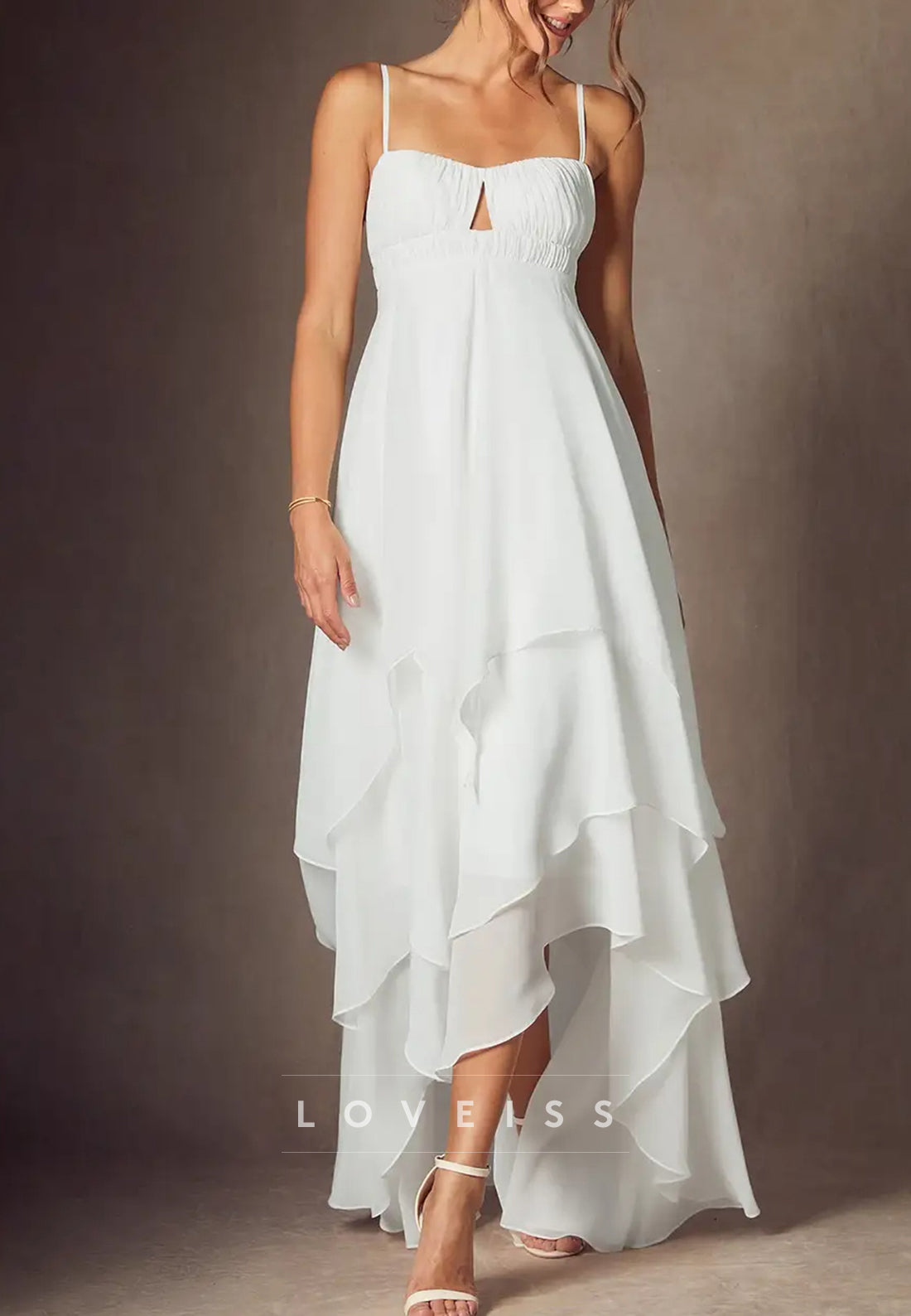 Sweetheart Spaghetti Straps Empire Waist Tiered A-Line Boho Wedding Dress