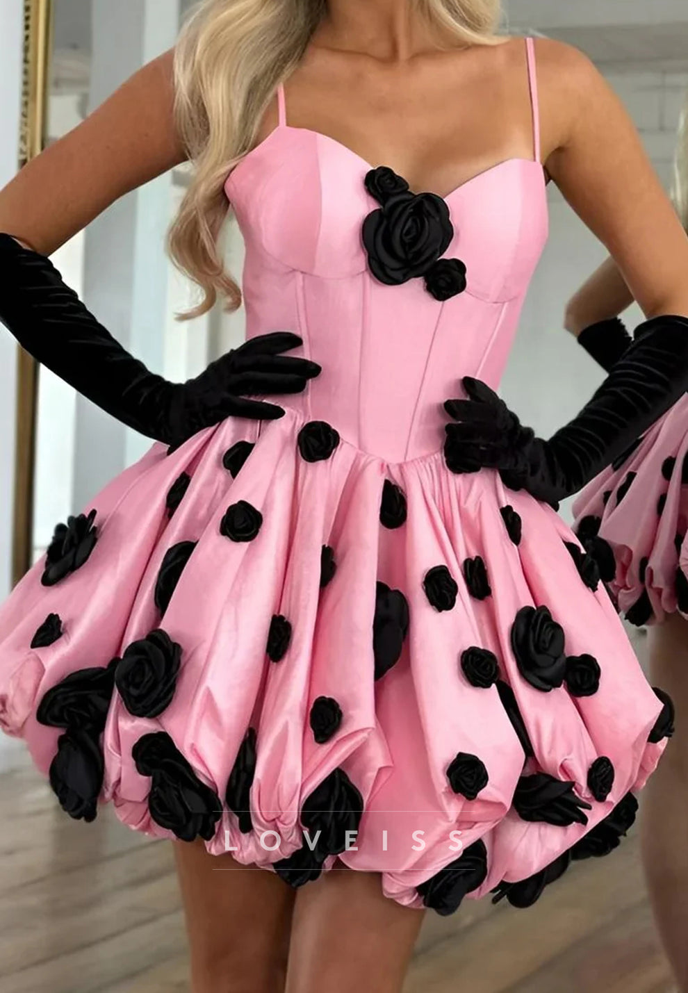 L1586 - Sexy A-Line Satin Sweetheart Spaghetti Straps Floral Party Prom Evening Dress