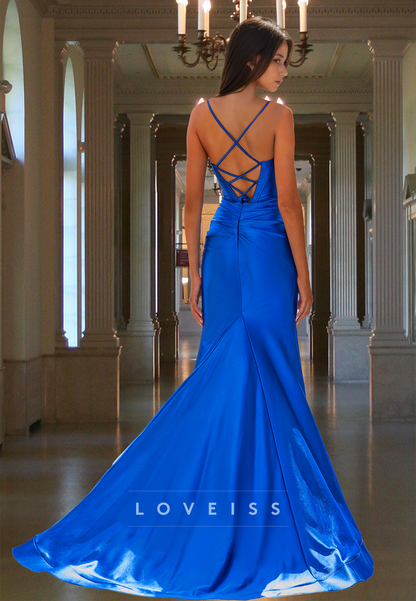 Sweetheart Spaghetti Straps Illusion Pleated Sheath Prom Dress