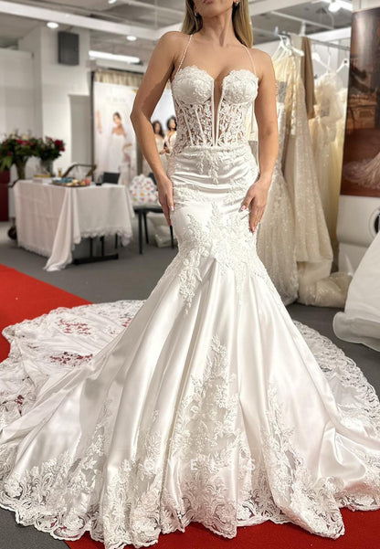 Sweetheart Spaghetti Straps Lace Appliques Mermaid Wedding Dress