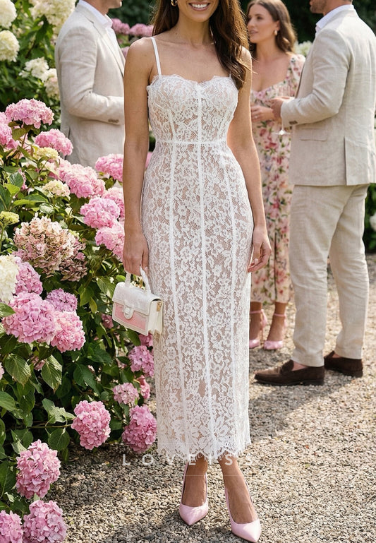 Sweetheart Spaghetti Straps Lace Appliques Sheath  Wedding Dress