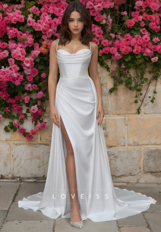 Sweetheart Spaghetti Straps Ruched High Slit Beach Wedding Dress