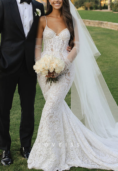 Sweetheart Spaghetti Straps Sequins Appliques Mermaid Wedding Dress