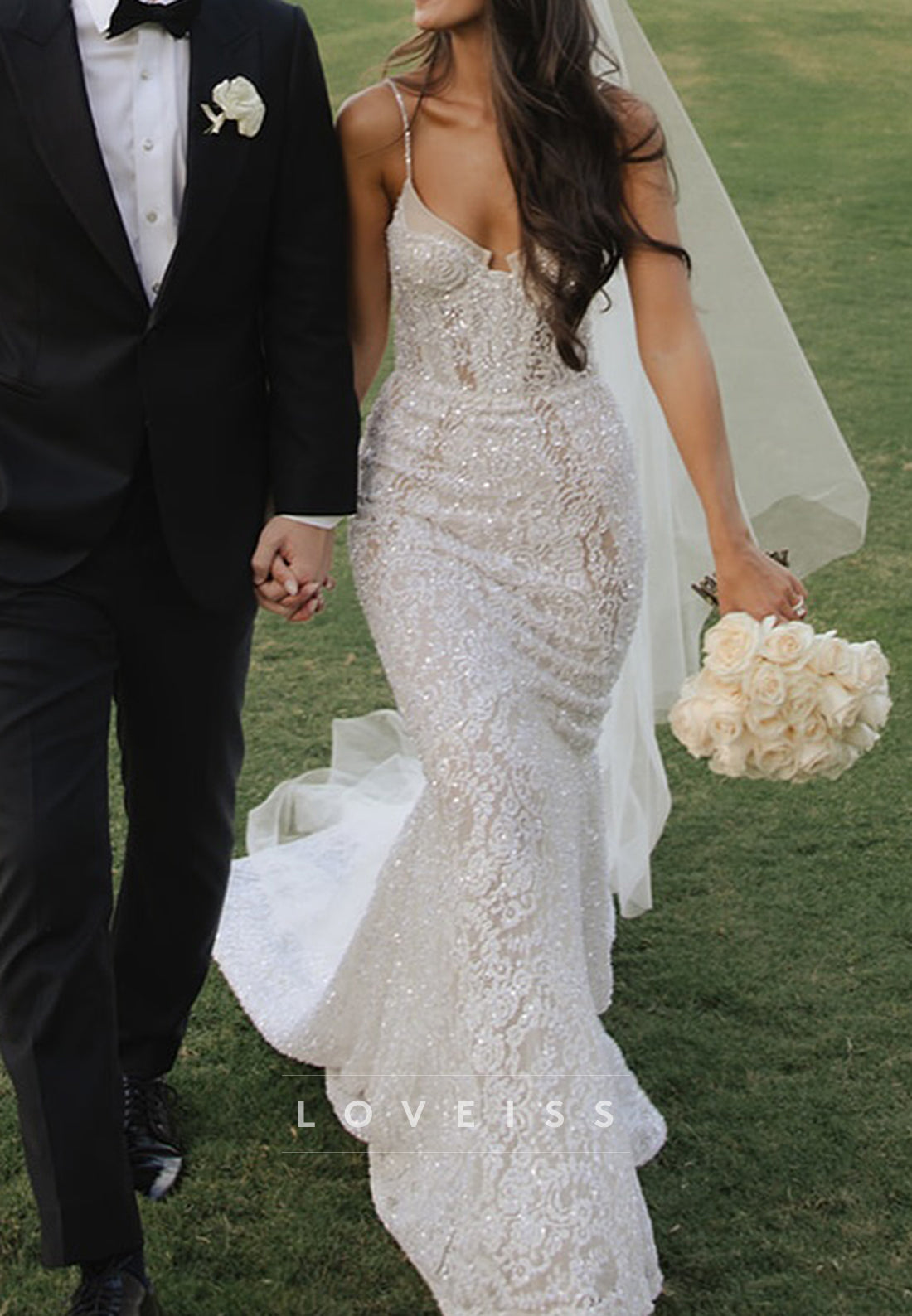 Sweetheart Spaghetti Straps Sequins Appliques Mermaid Wedding Dress