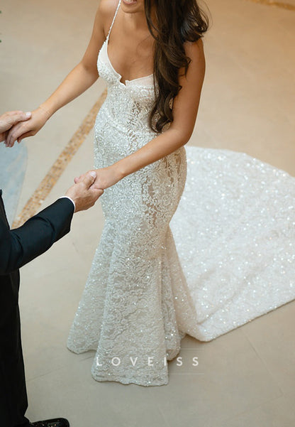 Sweetheart Spaghetti Straps Sequins Appliques Mermaid Wedding Dress