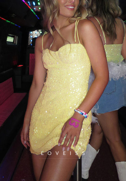 Sweetheart Spaghetti Straps Sequins Sparkly Sheath Party Homecoming Dress