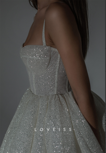 Sweetheart Spaghetti Straps Sparkly A-Line Short Wedding Dress