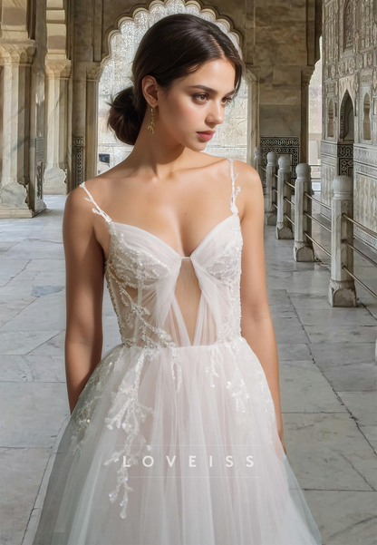 Sweetheart Spaghetti Straps Tulle Floral Appliques A-Line Wedding Dress