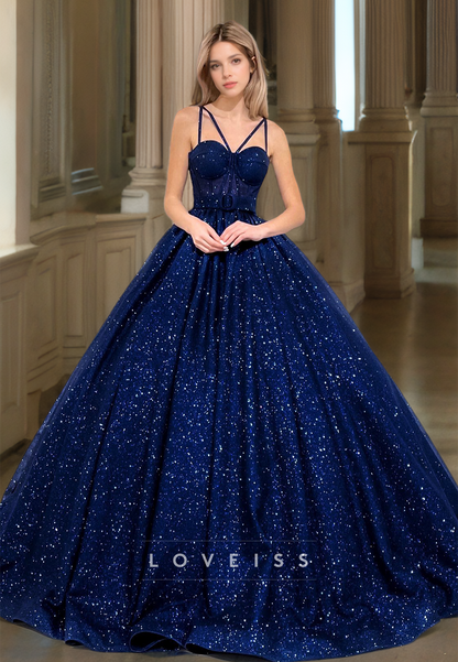 Sweetheart Spaghetti Straps Tulle Sparkly Tulle Ball Gown Prom Dress