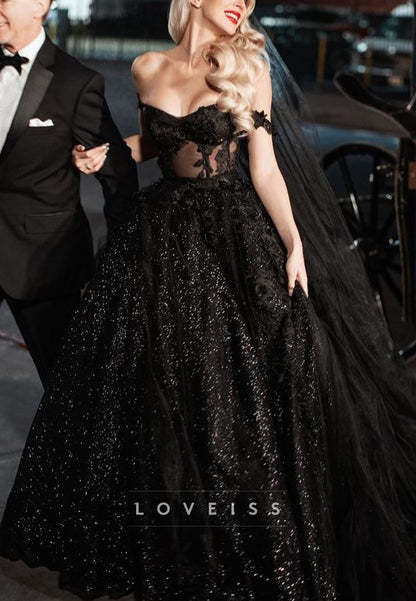 Sweetheart Sparkly Ball Gown Appliques Black Wedding Dress
