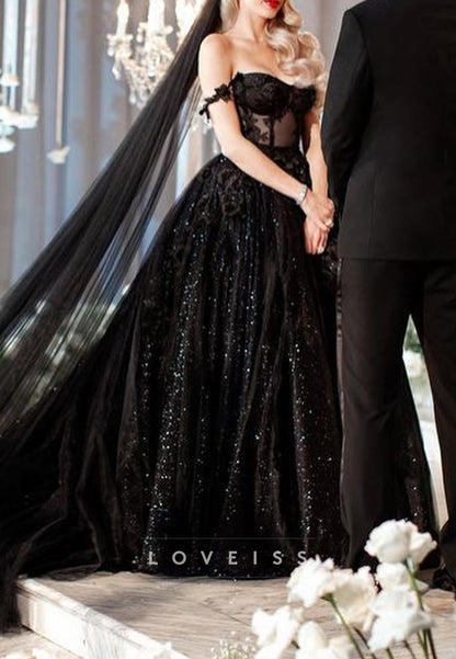 Sweetheart Sparkly Ball Gown Appliques Black Wedding Dress