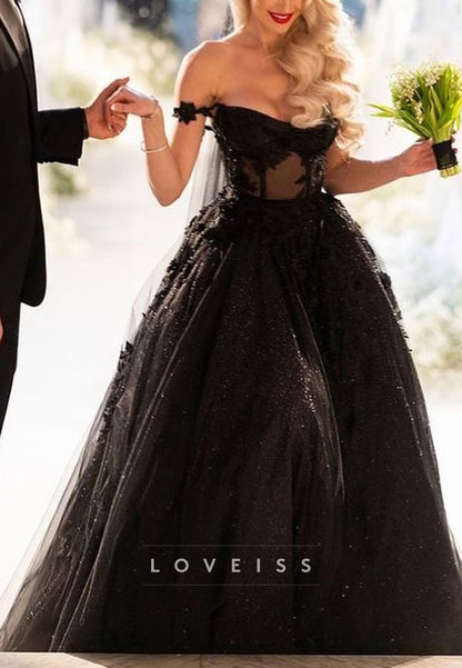 Sweetheart Sparkly Ball Gown Appliques Black Wedding Dress