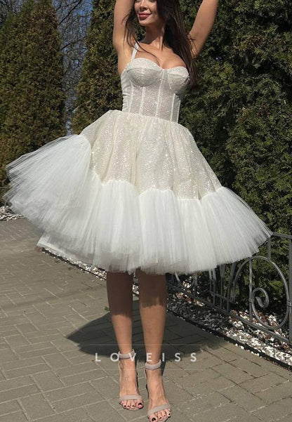Sweetheart Sparkly Straps Ball Gown A-Line Midi Wedding Dress