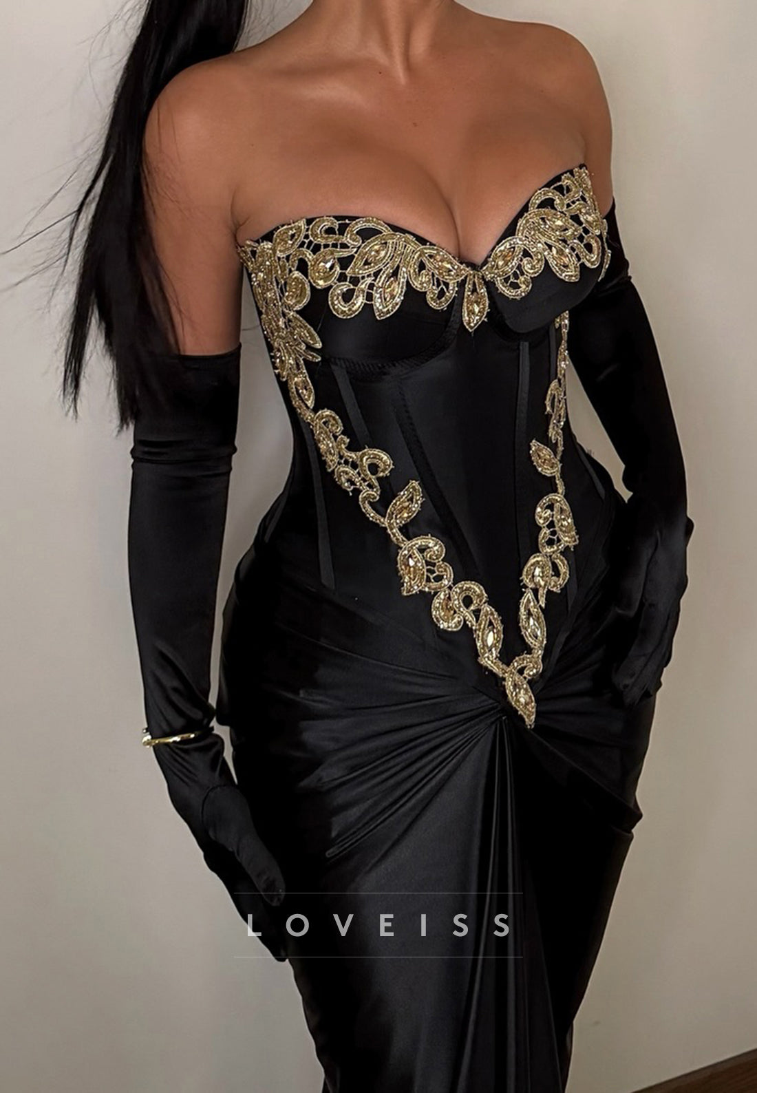 Sweetheart Strapless Appliques Corset Mermaid Prom Dress with Gloves