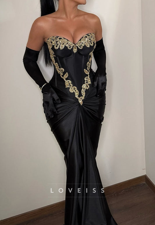Sweetheart Strapless Appliques Corset Mermaid Prom Dress with Gloves