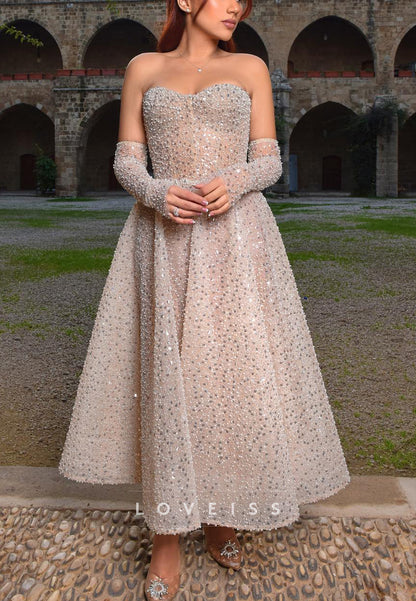 Sweetheart Strapless Beaded Embroidery A-Line Midi Wedding Dress
